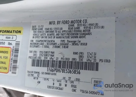 2014 Ford Fusion Se z USA, uszkodzony, nr VIN 1FA6P0H78E5365856